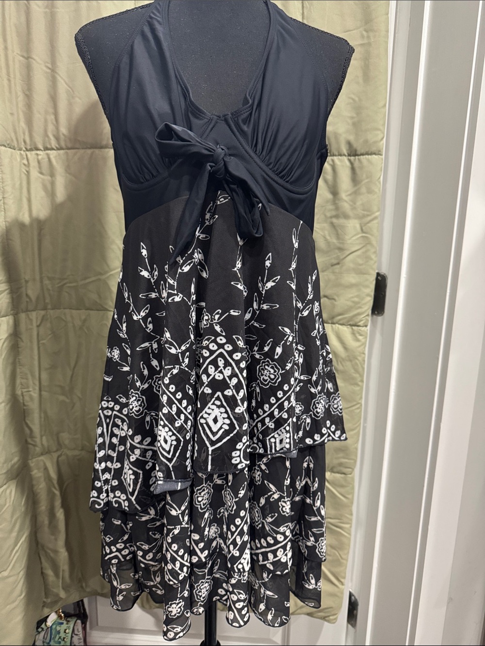 Black & White Printed Halter Tiered Swim Dress